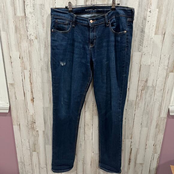 Old Navy Dark Wash Boyfriend Straight Jeans Distressed Womens 12 TALL - Picture 1 of 9